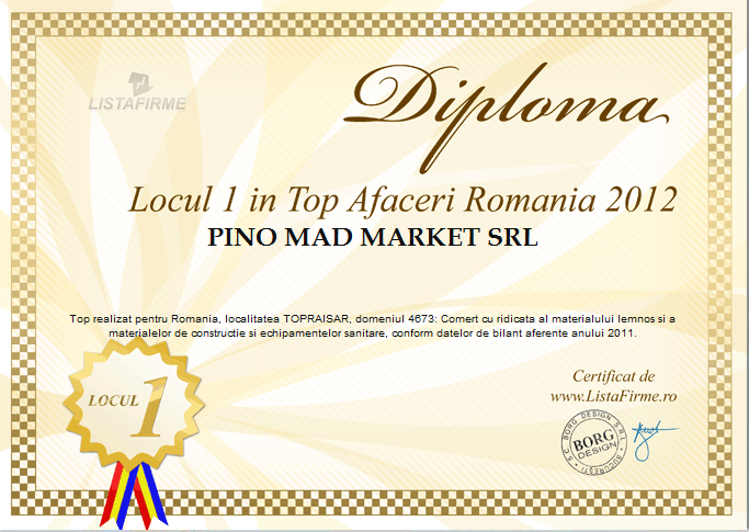  Pino Mad Market Locul I in topul Top Afaceri Romania 2012  Domeniul 4673 - Comert cu ridicata al materialului lemnos si a materialelor de constructie si echipamentelor sanitare